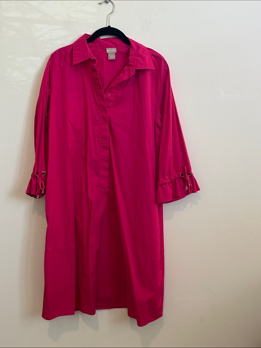 Chico's Hot Pink Collared Shirt dress, 3/4 sleeves, pockets, misses size 10